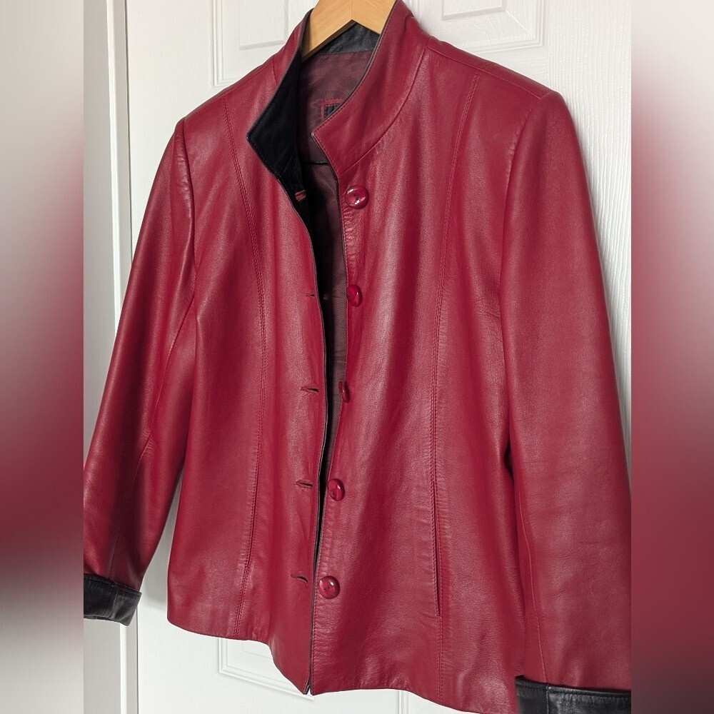 A Pop of Color! Venus Women's Red Button-Down Leather Jacket - Picture 6 of 15